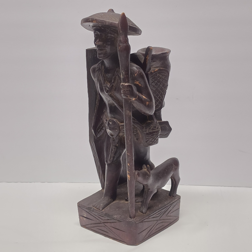 Vintage Indonesian Tribal Hand Carved‎ Wooden Warrior Hunter With Dog Figurine